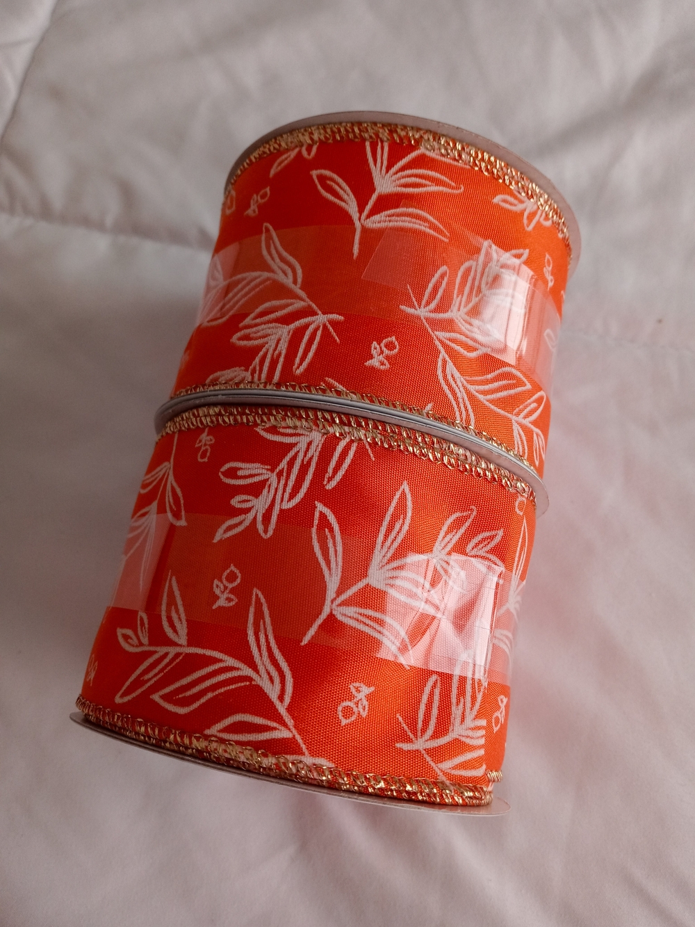 Orange Floral Ribbon Roll with Gold Trim